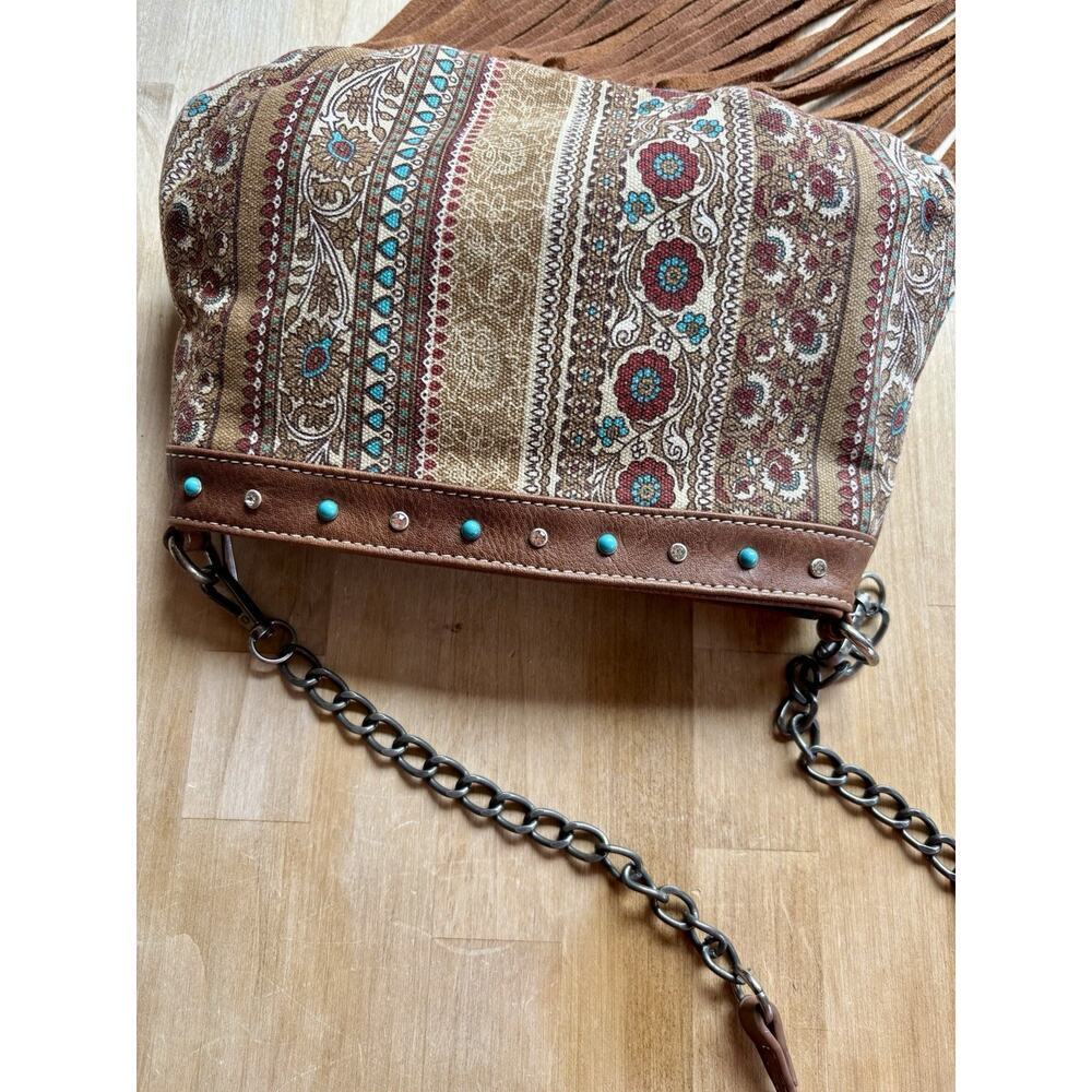 Brown Turquoise Studded Fringe Western Boho Chain Crossbody Shoulder Bag - Picture 4 of 12